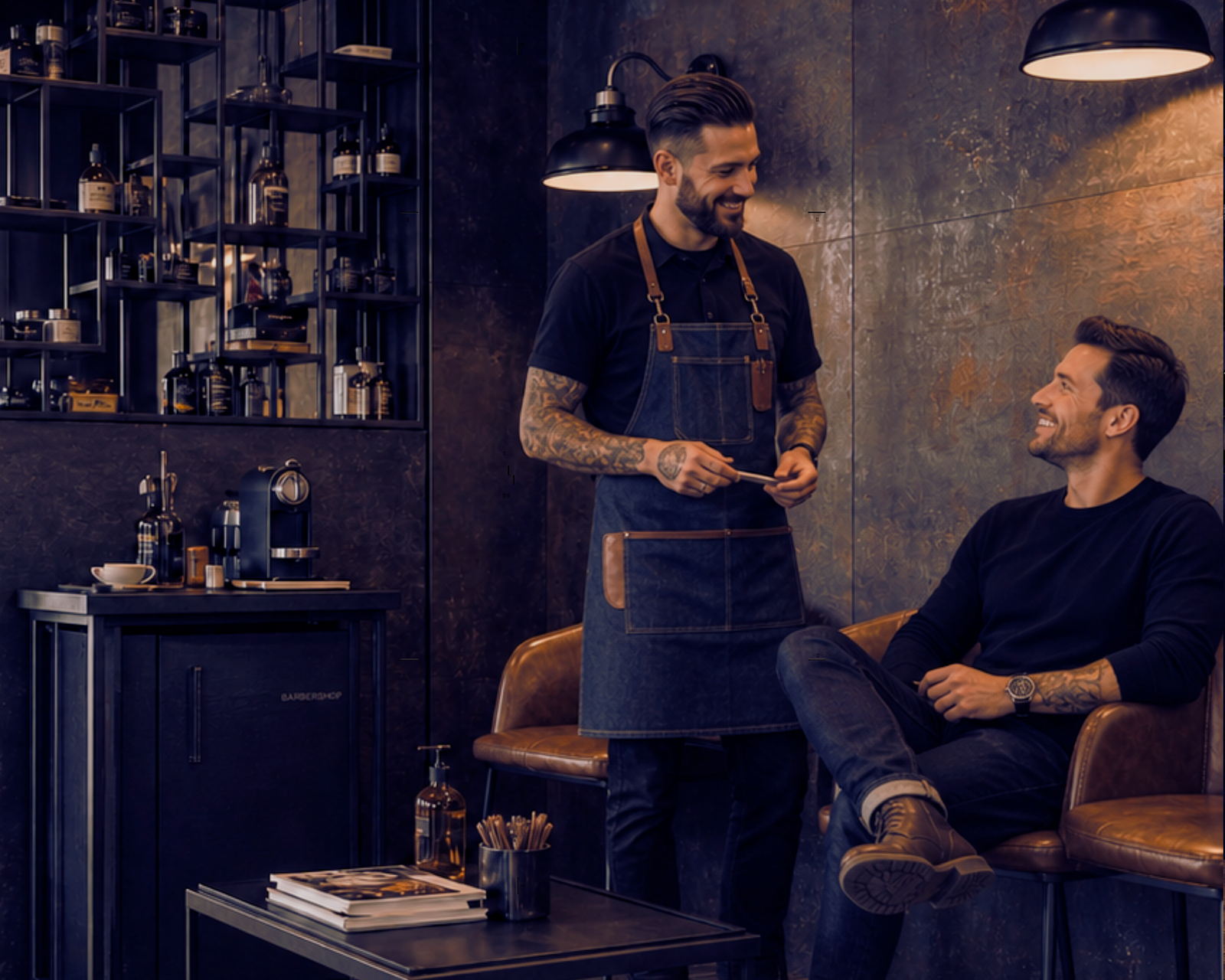 Área de espera y cafetería en barbería diseñada por NANKU
